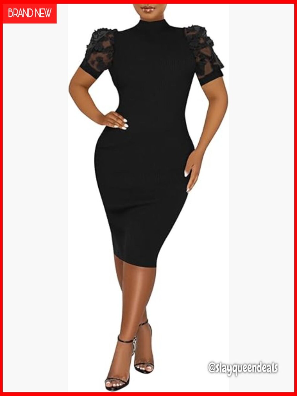 Women's Mesh See Through Sheer Bodycon Dress Short Puff Sleeve Mock Neck Midi